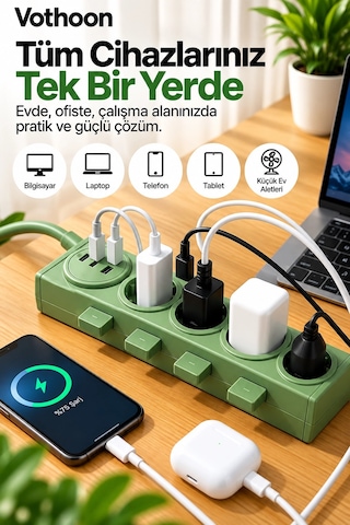 La Boom Vothoon 4 Lü Akıllı Priz Tek Dokunuşla Fiş Çıkarma 2 Metre Kablo 2 Type-c + Usb 15w Hızlı Şarj 3680w