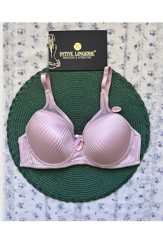 Evelyn Parlak Saten Çizgi Detaylı C Cup Balenli Desteksiz Önü Tül Pembe