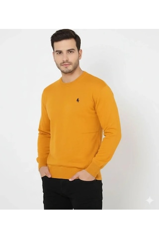 Defymoda Erkek Bisiklet Yaka Nakış Işlemeli Triko Kazak Yumuşak Dokulu Pamuklu Ince Dokuma, Uzun Kollu Rahat Turuncu