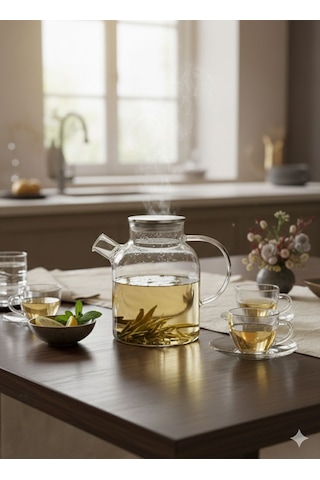 Morponi Borosilikat Cam Metal Kapaklı Bitki Çayı Demliği & Sürahi 1800 Ml Şeffaf