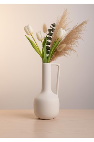Fiona Seramik Vazo Kulplu, Beyaz 25 Cm Beyaz