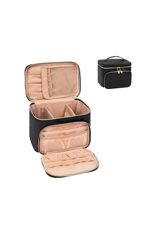 Büyük Makyaj Çantası, Kadınlar Kızlar İçin Taşınabilir Seyahat Makyaj Çantası Makyaj Fırçası Bölmeli, Saplı Ve Ayırıcılı Şık Makyaj Çantası Düzenleyici Kozmetik Çantası - Siyah Altın