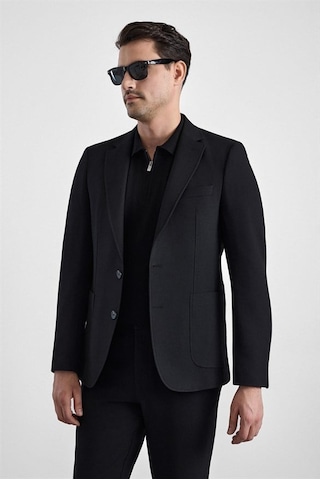 Süvari Siyah Slim Mono Yaka Düz Torba Cep 6 Drop Takım Elbise Tk1006900401-s09