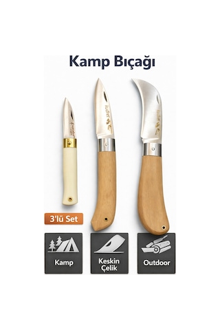 Senbang Kamp Bıçağı Seti 3 Lü El Yapımı Keskin Çelik Outdoor Bıçak, Ahşap Ve Krem Saplı Gri