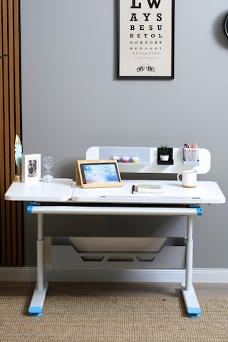 Vega Standart Yükseklik Ve Eğim Ayarlı, Çekmeceli Ergonomik Bilgisayar, Ofis Ve Çalışma Masası Mavi Gri