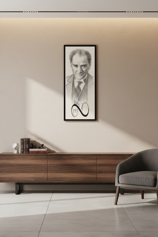 Atatürk Karakalem Portre Tablo 60x25 Cm Çerçeveli Siyah Çerçeve Modern & Klasik Duvar Dekoru