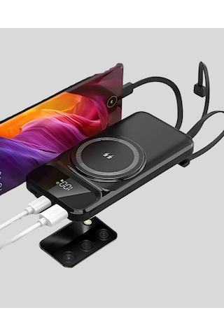 15w Kablosuz Hızlı Şarjlı 10000 Mah Powerbank Tnabilir, Csmtex - 40 Led Göstergeli siyah