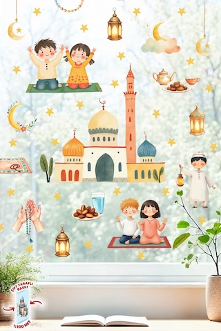 Çift Taraflı Ramazan Ayı Cam Sticker Seti Çocuklar İçin Eğitici Ramazan Pencere Süsü Ve 74 Parça Dijital Baskı
