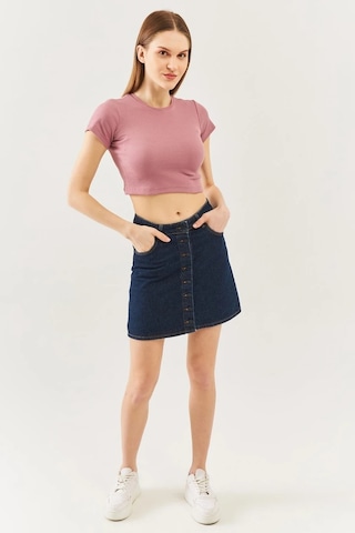 Kadın Kısa Kol Bisiklet Yaka Vücuda Oturan %100 Pamuklu Kaşkorse Esnek Crop Bluz Gül Kurusu