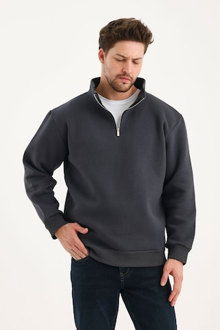 Unisex Sweatshirt Rahat Kesim Pamuklu Içi Polarlı Yarım Fermuarlı Dik Yaka Sweatshirt Füme