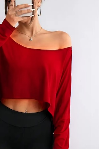 Kadın Düşük Omuz Kayık Yaka Oversize Uzun Kollu Crop T-shirt Kırmızı
