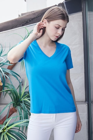 Jument Kadın V Yaka Kısa Kol Likralı Span Kumaş Şık T-shirt Bluz-mavi Mavi