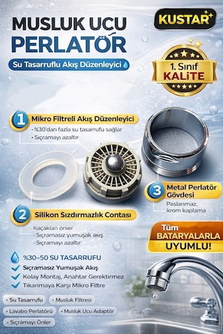 Aç-kapa Musluk Ucu Su Tasarruf Aparatı Musluk Filtresi Lavabo Musluk Süzgeci Dış Dişli 23,7mm Krom