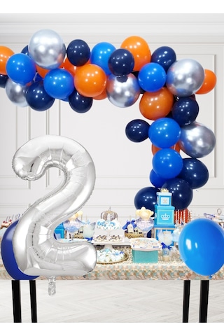 2 Yaş Kozmik Temalı Doğum Günü Seti Kozmik Mavi Turuncu Gümüş Mavi Balonlar Gümüş Folyo Rakam Çok Renkli
