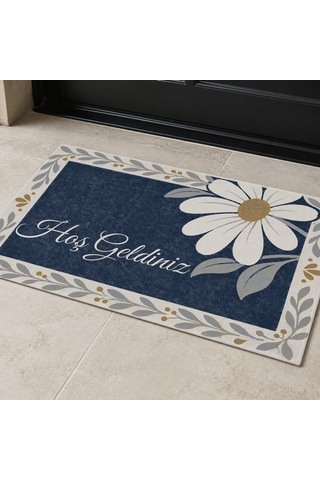 Kartela Halı Hoş Geldiniz Yazılı Papatyalı Kapı Paspası Lacivert Kaymaz Kauçuk Taban 60x90 Cm