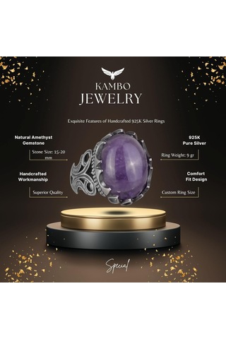 925 Ayar Katı Gümüş Erkek Yüzük - Doğal Taş Seçenekleri İle El Yapımı Tasarım Ametist Gümüş