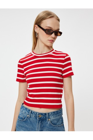 Koton Basic Tişört Kısa Kollu Bisiklet Yaka Slim Fit Kırmızı Çizgili 5wal10227ık Kırmızı