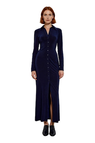 Ersefa Kadın Kışlık Bodycon Maxi Elbise Polo Yaka Uzun Kol Düz Örme Şık Lacivert
