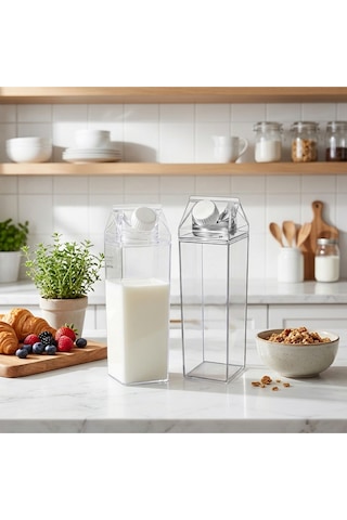 2 Li Set 1000 Ml Şeffaf Süt Kutusu Tasarımlı Akrilik Matara - İkili İçecek Ve Su Şişesi
