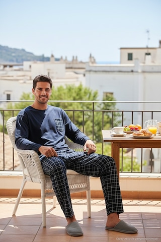 Buratti Ekoseli Cepli Beli Lastikli % 100 Pamuk Regular Fit Erkek Pijama Takımı 6572001 Lacivert-Yeşil