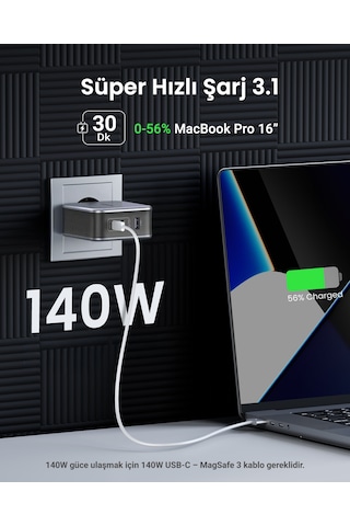 Ugreen Nexode Air Gan 140w Hızlı Şarj Cihazı 4 Portlu Pd Qc 3xusb-c, 1xusb-a, Gri, 45575