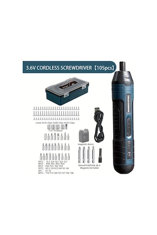 Pvc Kutu 105 Parça Set 3.6v Lityum Akülü Vidalama Seti, 4 Tork Ayarlı Kablosuz Elektrikli Vidalama Makinesi