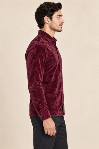 Tarz Cool Erkek Parlak Kadife Uzun Kollu Regular Fit Gömlek Bordo