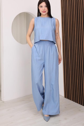Famoda Mavi Sırtı Çapraz Bağcıklı Crop Bluz & Yüksek Bel Palazzo Pantolon Alt Üst Takım