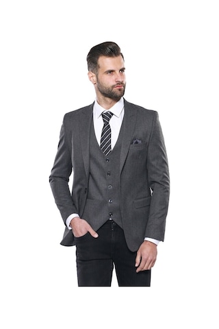 Düz Gri Slim Fit Yelek Ceket Set Wessi 001