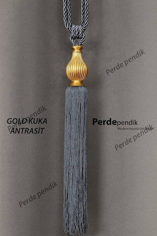 Modern Fon Perde Toplama Aparatı Antrasit Kornişe Takmalı Tavan Braçolu, Perde Aksesuarı 1 Adet Gold Kuka - Antrasit