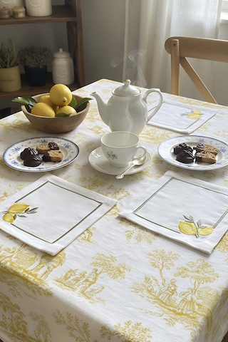 Rivaistanbul Limon Nakışlı 4'lü Sunumluk Peçete, Kokteyl Peçetesi, Kahve Yanı Sunumluk, Bardak Altlığı Sarı
