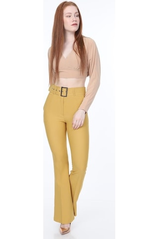 Bluence Beli Kemerli Ispanyol Paça Hardal Kumaş Pantolon Hardal