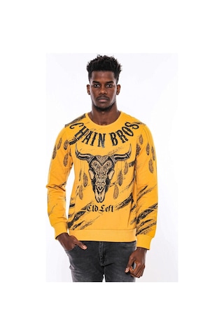Wessi Hardal Baskılı Taşlı Bisiklet Yaka Sweatshirt Hardal