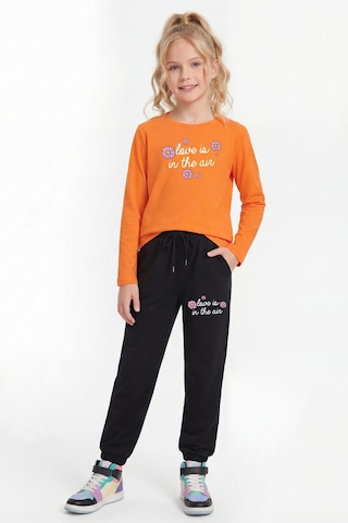 Panios Kids 3'lü Yuvarlak Yaka Sweatshirt Siyah Eşofmanlı Baskı Detaylı 6 Parça Kız Çocuk Alt Üst Takım Siyah - Turuncu