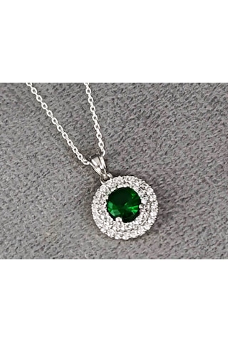 Lilahgümüştr Gümüş Yeşil Taşlı Yuvarlak Kadın Kolye Küpe