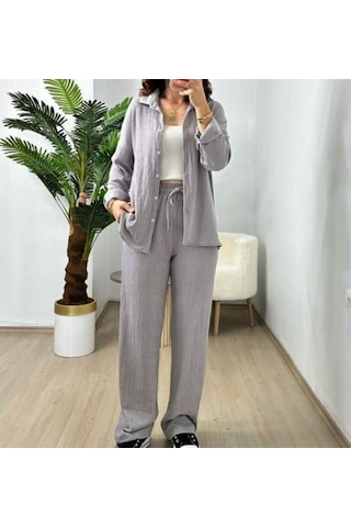 Kadın Dokulu Alt Üst Gömlek Takım - S504470 Gri