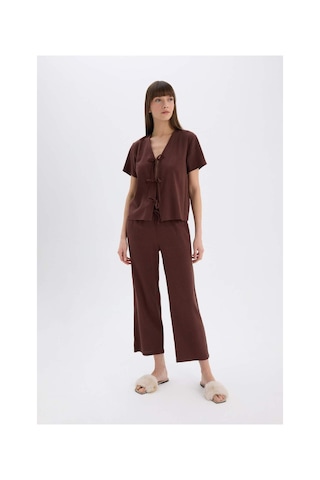 DeFacto Pijama Takımı Keten Kısa Kollu Üst Esnek Belli Alt-Fall in Love E3571AX25SPBN166