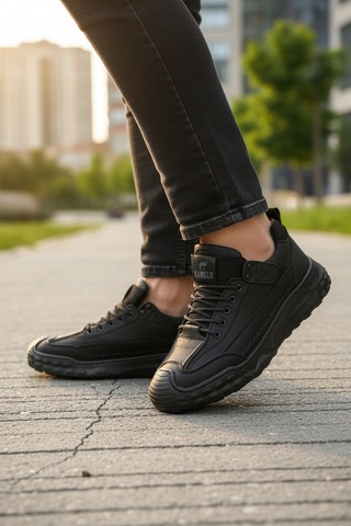 Siyah Hakiki Deri Erkek Casual Yürüyüş Ayakkabısı Season M Siyah