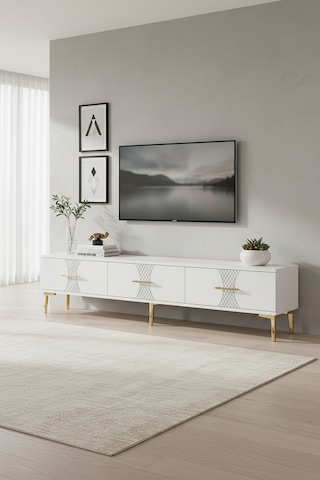 Tsa1832dbg Slim Tv Stand, Tv Sehpası Safirmeşe-beyaz-gold 180cm
