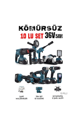 Chelikbei Eea389 Akülü 10 Lu Set Led Işık +lazer Metre +somun Sıkma + Dekupaj + Oto Yıkama + Sunta Kesme + Darbeli Vidalama + Spral + Kırıcı Delici Matkap + Çok Fonksiyonlu Taşlama