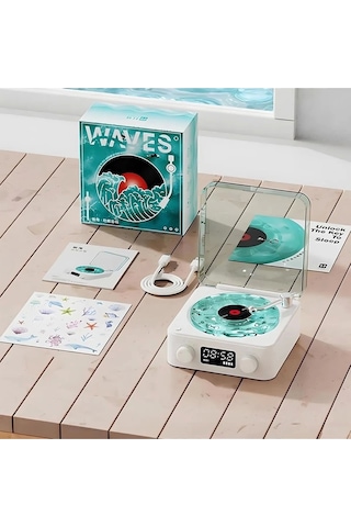 Waves Nostalji Plak Görünümlü Bluetooth Hoparlör 3d Ses Dalgası Retro Müzik Plak Mavi.gzpde