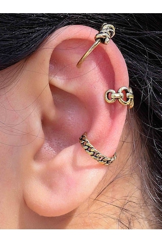 Vintage Antik 3'lü Deliksiz Ear Cuff Ayarlanabilir Kıkırdak Küpe Seti Eukk8 Sarı