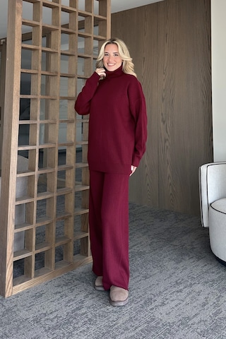 Laluvia Bordo Boğazlı Fitilli Triko Takım - 4671 Bordo