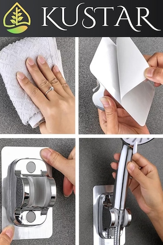 Kustar Krom Kendinden Yapışkanlı 15 Kg Taşıyabilen Nano Duş Başlığı Askısı Mafsal Kolay Temiz Kurulum Gri