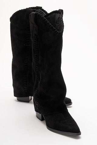 Luvishoes Velın Siyah Süet Hakiki Deri Dikişli Kadın Western Çizme Siyah
