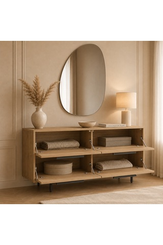 Voguemaxima Home Marina 4 Kapaklı Metal Ayaklı Konsol 160x44,5x74,3 Cm Sepet Bej
