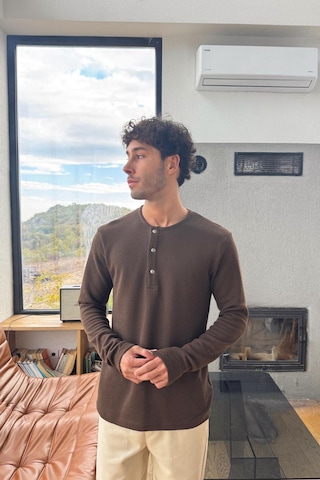 Çıt Çıtlı Oversize Uzun Kol Tişört Kahverengi Kahverengi