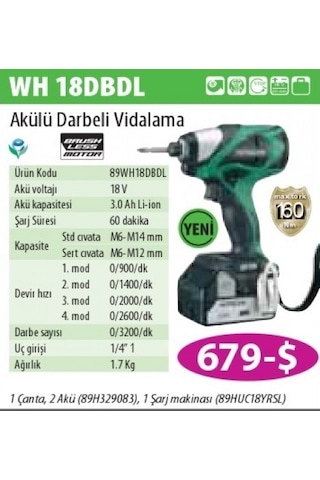 Hitachi Wh18dbdl Akülü Darbeli Vidalama 3.0ah Somun Sıkma Sökme