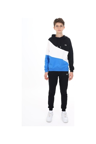 Toontoy Kids Toontoy Erkek Çocuk 2'li Takım Baskılı Kapüşonlu Sweatshirt & Beli Paçası Lastikli Cepli Jogger Eşofman Altı - Renk Bloklu & 2 İplik Saks