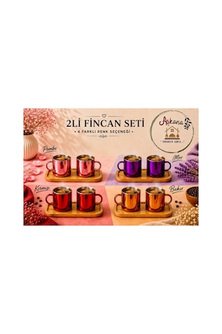 Aynalı Borosilikat Cam Türk Kahvesi Fincan Seti,kırmızı,2x125ml Bambu Tabaklı, Isıya Dayanıklı Kırmızı
